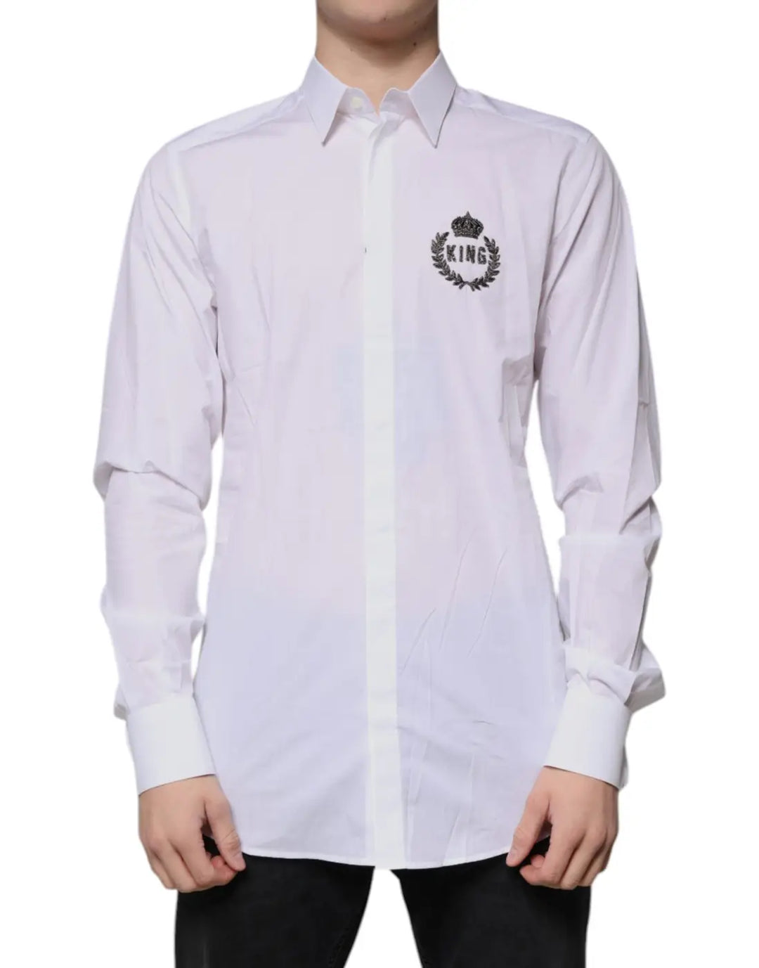 Dolce &amp; Gabbana White Cotton Logo Formal Men GOLD Dress Shirt