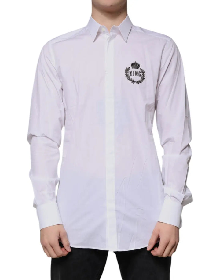 Dolce &amp; Gabbana White Cotton Logo Formal Men GOLD Dress Shirt