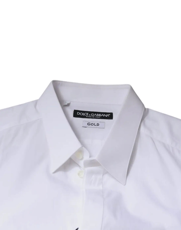 Dolce &amp; Gabbana White Cotton Logo Formal Men GOLD Dress Shirt