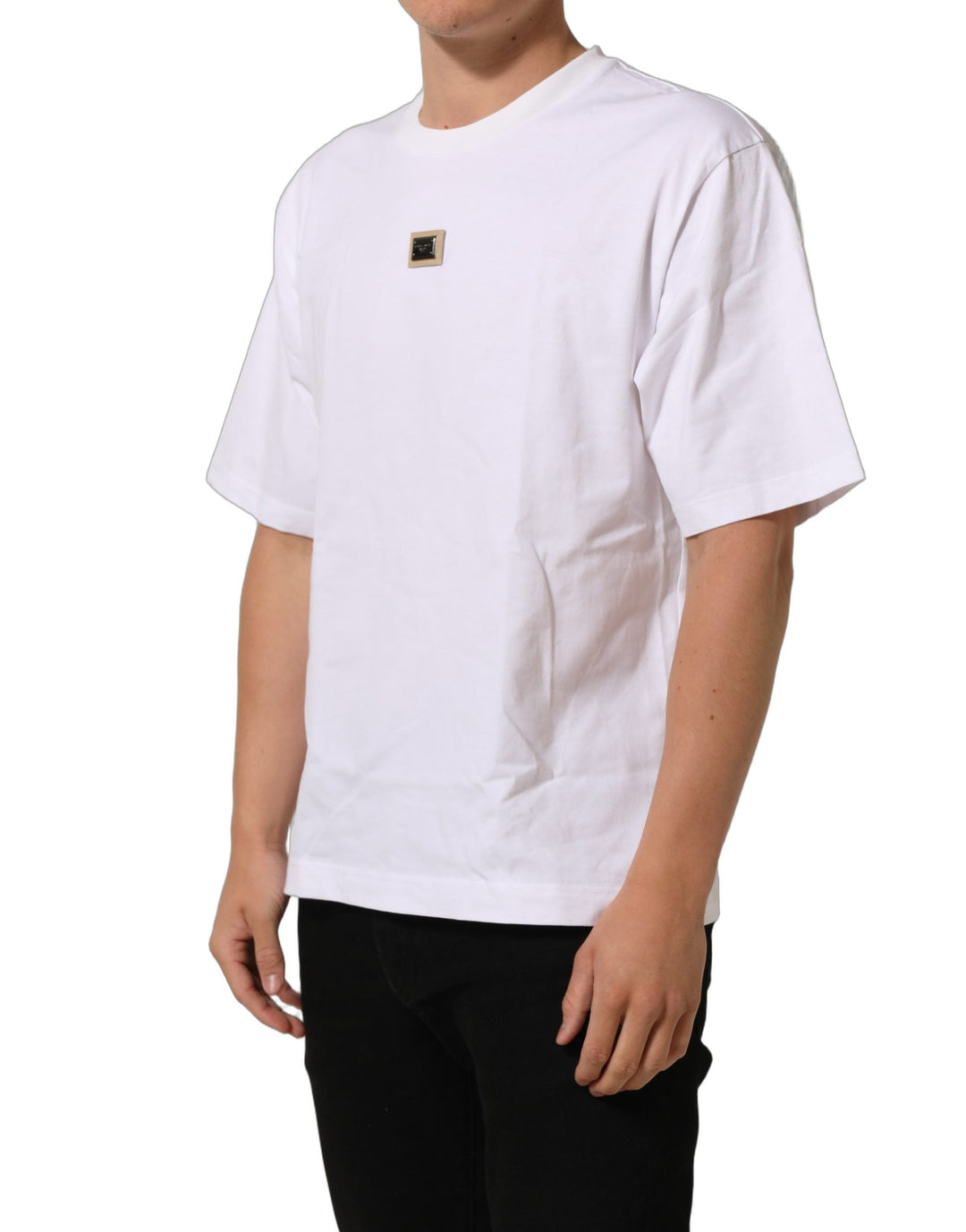 Dolce &amp; Gabbana White Cotton Logo Plaque Crew Neck T-shirt