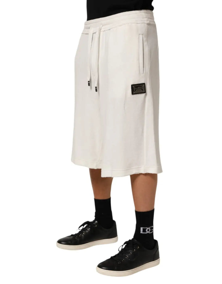 Dolce &amp; Gabbana White Cotton Logo Plaque Men Bermuda Shorts