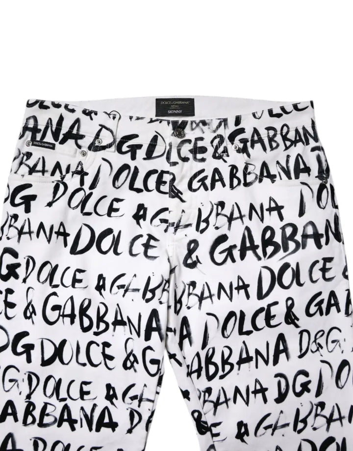 Dolce &amp; Gabbana White Cotton Logo Print Skinny Denim Jeans