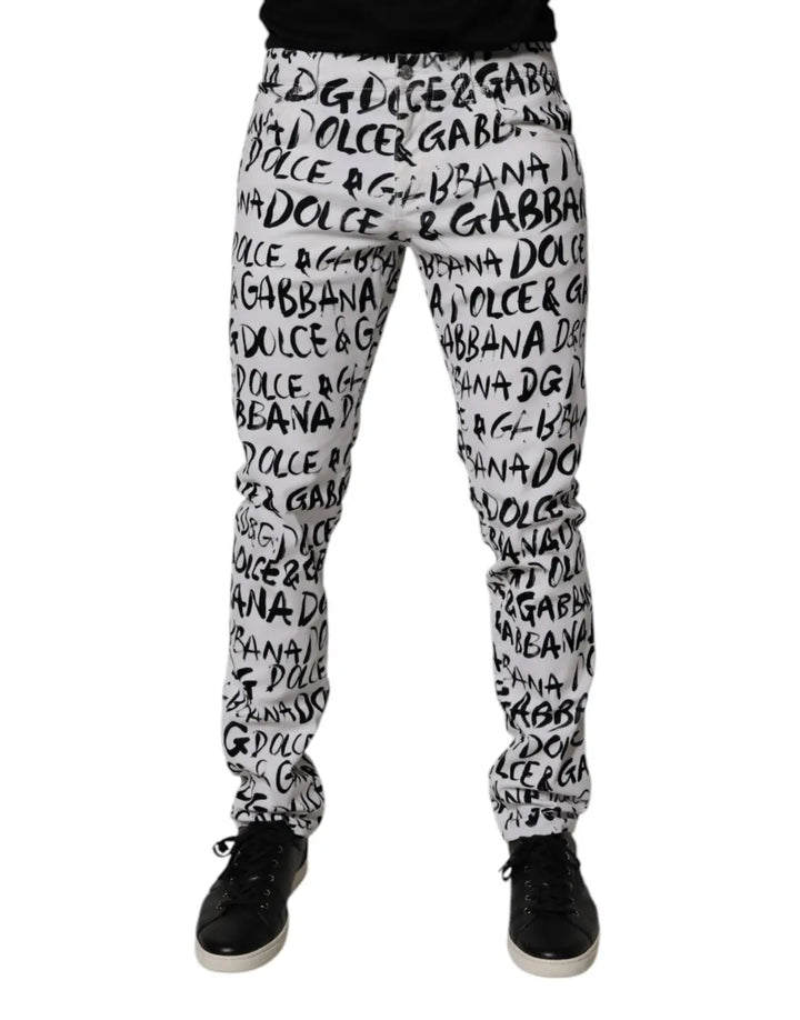 Dolce &amp; Gabbana White Cotton Logo Print Skinny Denim Jeans