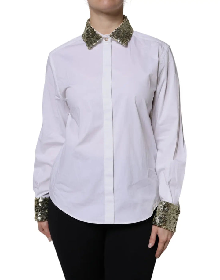 Dolce &amp; Gabbana White Cotton Long Sleeves Sequin Shirt Top