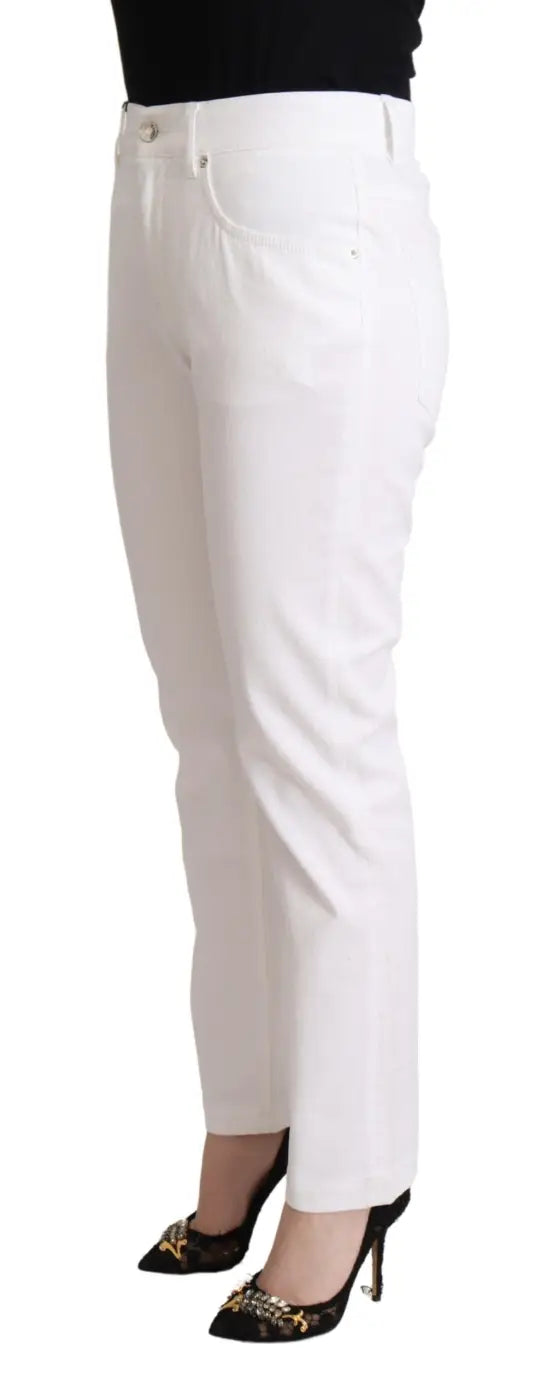 Dolce &amp; Gabbana White Cotton Mid Waist Denim Tapered Jeans