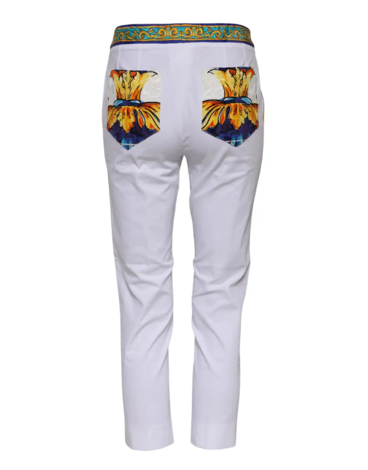 Dolce &amp; Gabbana White Cotton Mid Waist Tapered Trouser Pants
