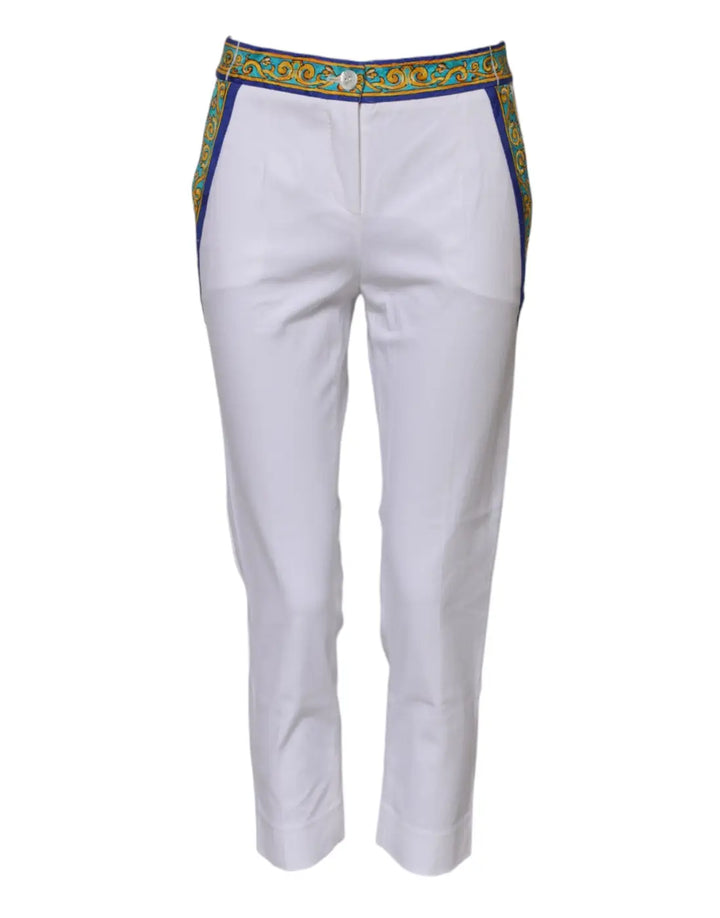 Dolce &amp; Gabbana White Cotton Mid Waist Tapered Trouser Pants