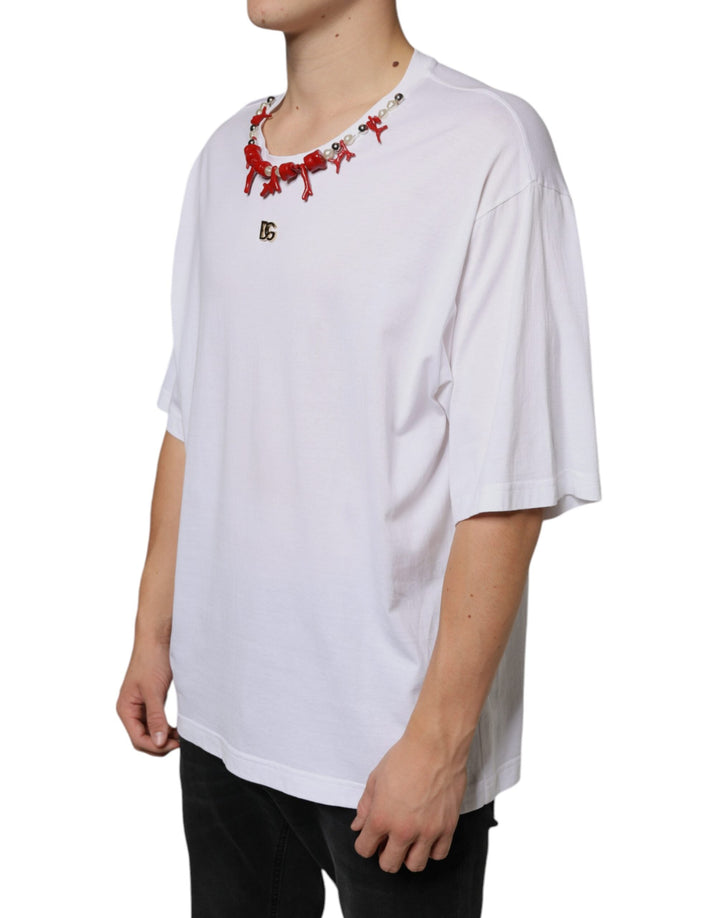 Dolce &amp; Gabbana White Cotton Necklace Embellished T-shirt