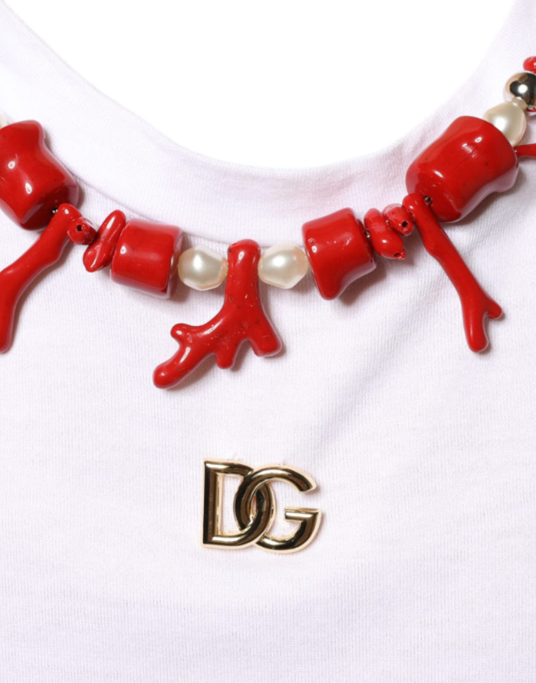 Dolce &amp; Gabbana White Cotton Necklace Embellished T-shirt