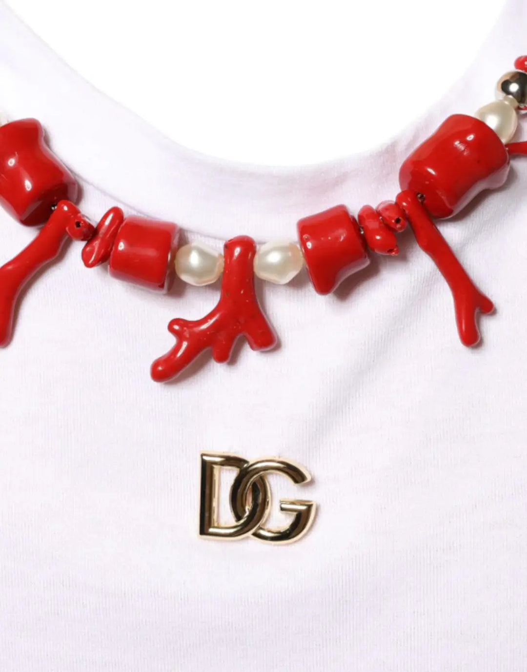 Dolce &amp; Gabbana White Cotton Necklace Embellished T-shirt