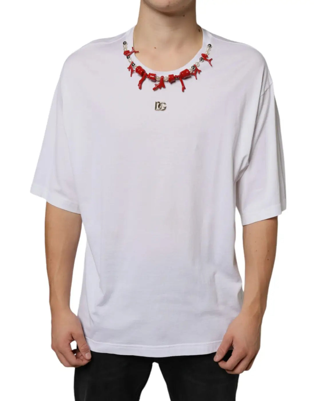 Dolce &amp; Gabbana White Cotton Necklace Embellished T-shirt