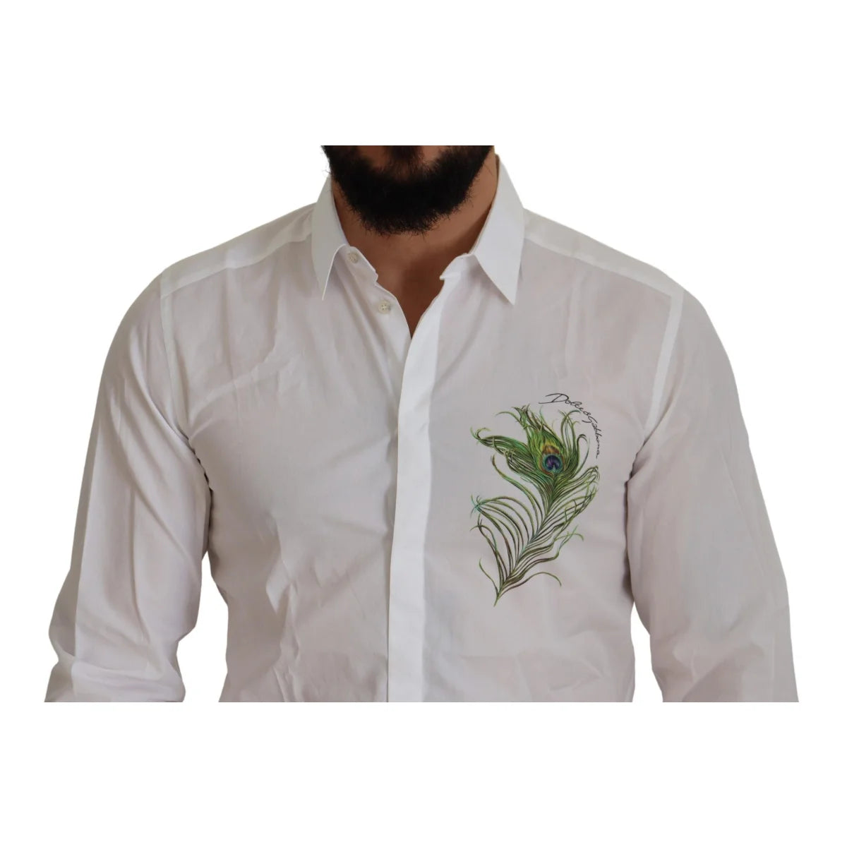 Dolce & Gabbana White Cotton Peacock Feather Formal GOLD Shirt
