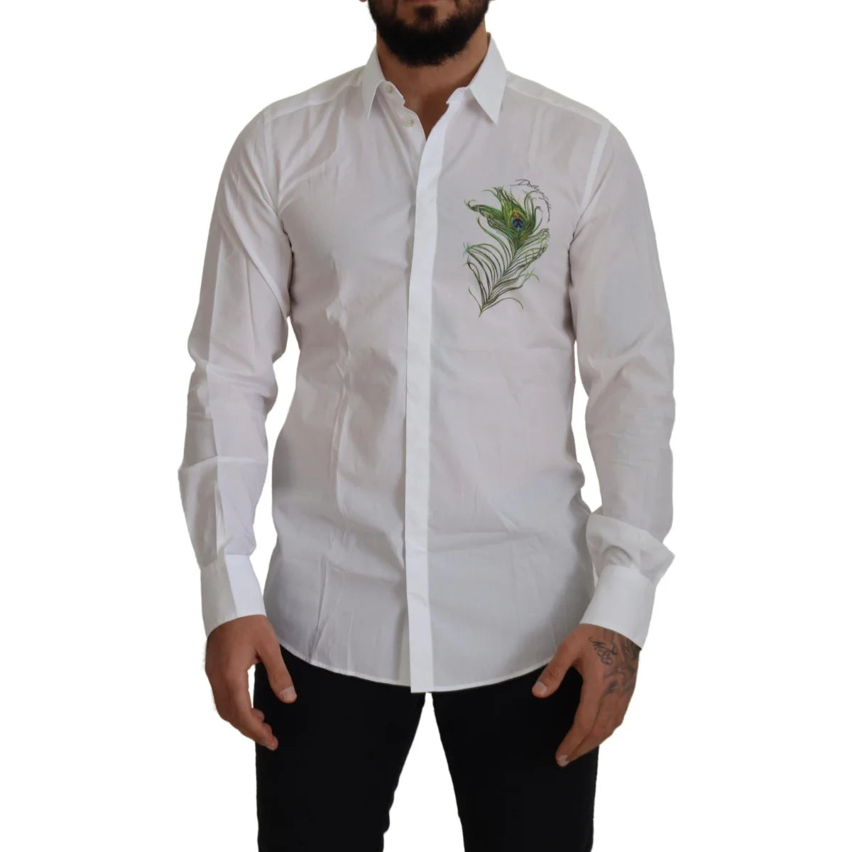 Dolce & Gabbana White Cotton Peacock Feather Formal GOLD Shirt
