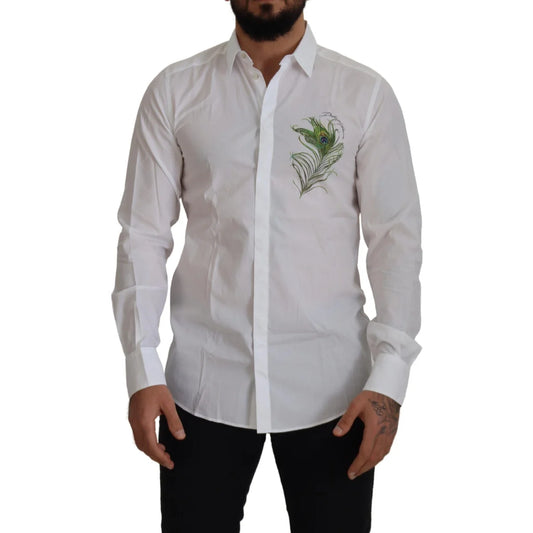 Dolce & Gabbana White Cotton Peacock Feather Formal GOLD Shirt