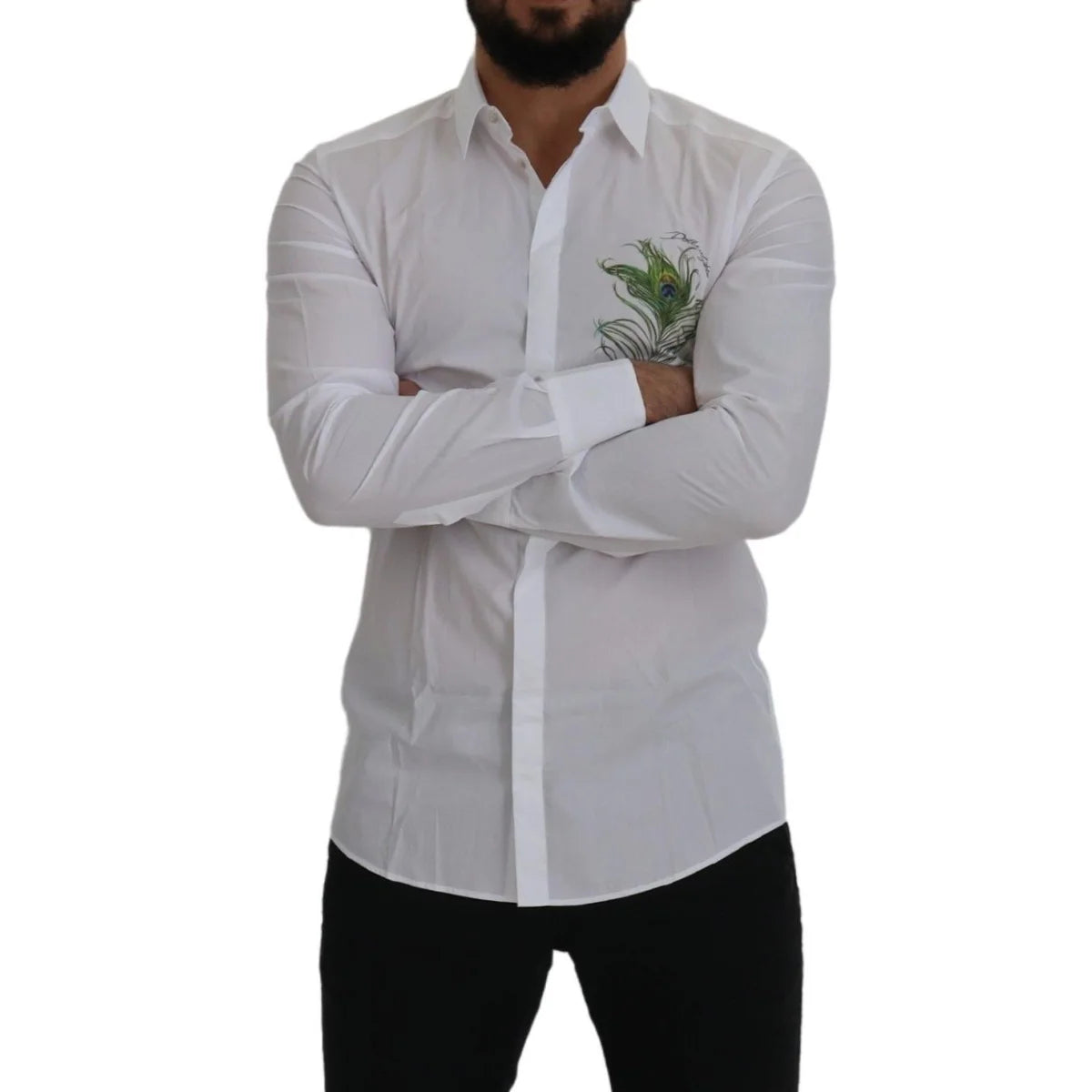 Dolce & Gabbana White Cotton Peacock Feather Formal GOLD Shirt