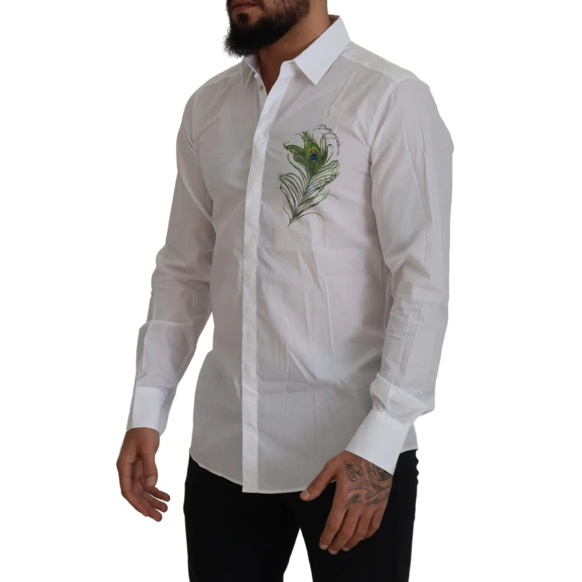 Dolce & Gabbana White Cotton Peacock Feather Formal GOLD Shirt
