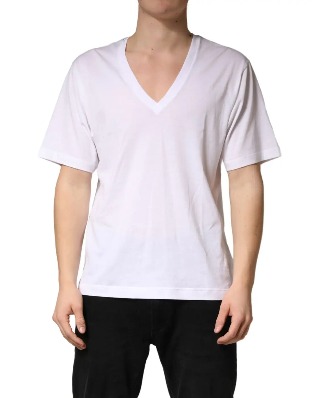 Dolce &amp; Gabbana White Cotton Plain V-Neck Men Shirt T-shirt