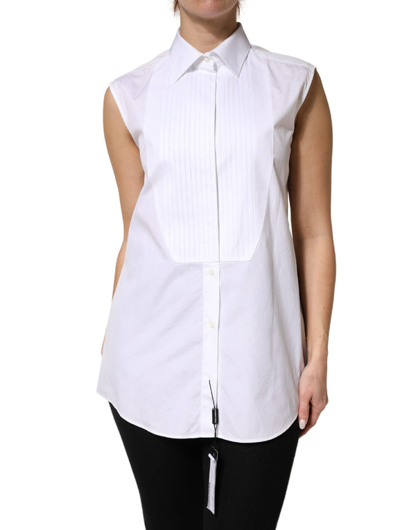 Dolce & Gabbana Shirts - Women’s White Cotton Pleated Sleeveless Button Down Top