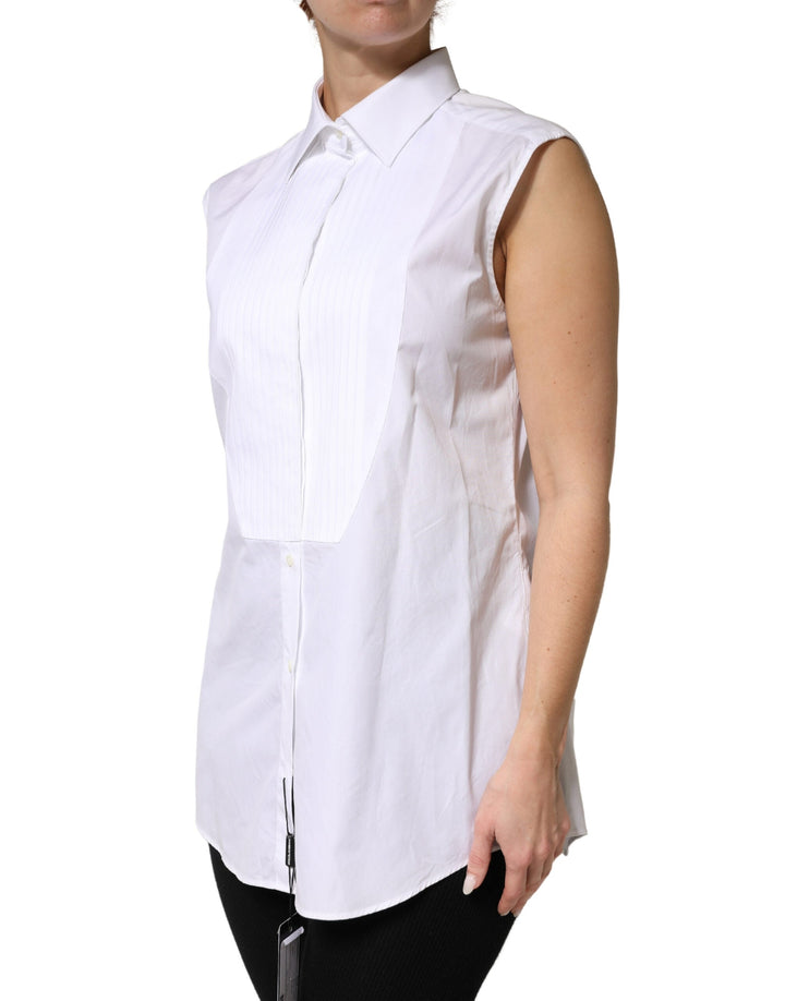 Dolce &amp; Gabbana Shirts - Women’s White Cotton Pleated Sleeveless Button Down Top