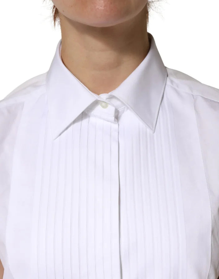 Dolce &amp; Gabbana White Cotton Pleated Sleeveless Button Down Top