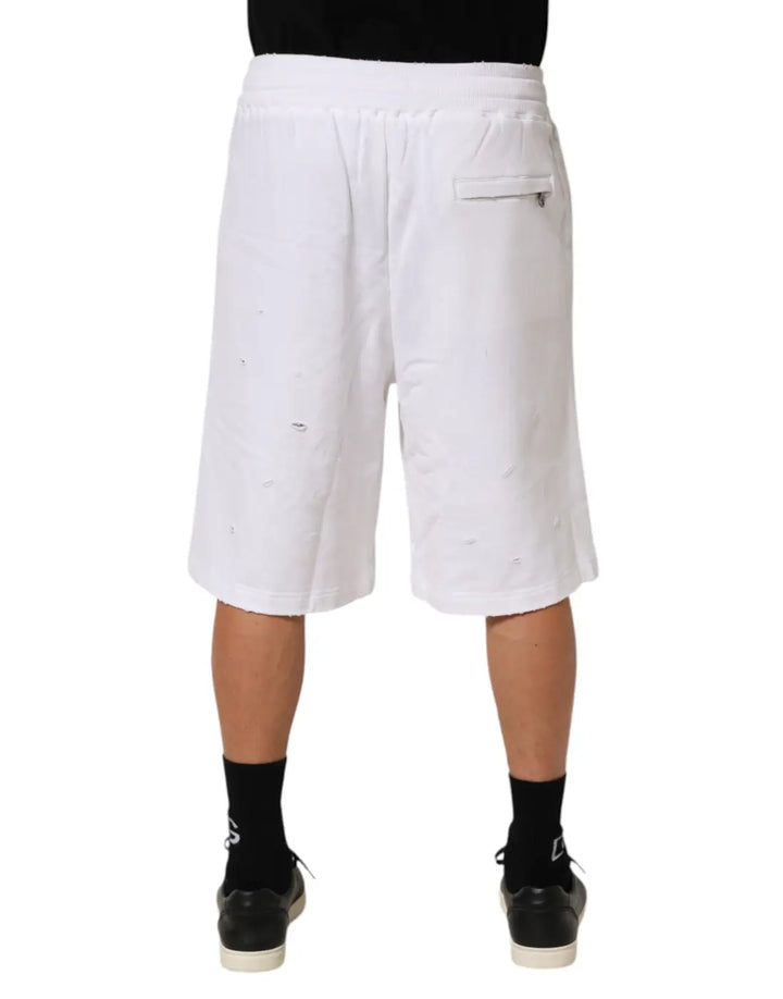 Dolce &amp; Gabbana White Cotton Ripped Bermuda Sweatpants Shorts