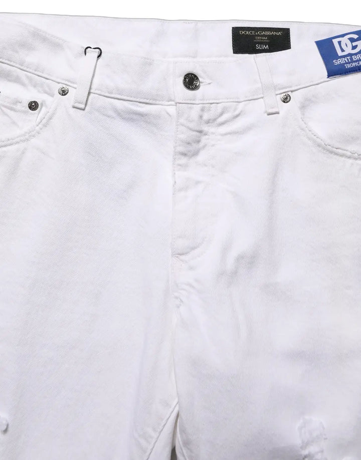 Dolce &amp; Gabbana White Cotton Ripped Slim Fit Men Denim Jeans