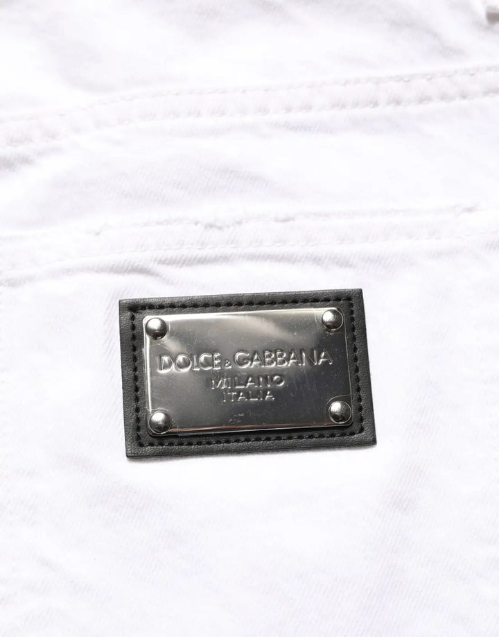 Dolce &amp; Gabbana White Cotton Ripped Slim Fit Men Denim Jeans