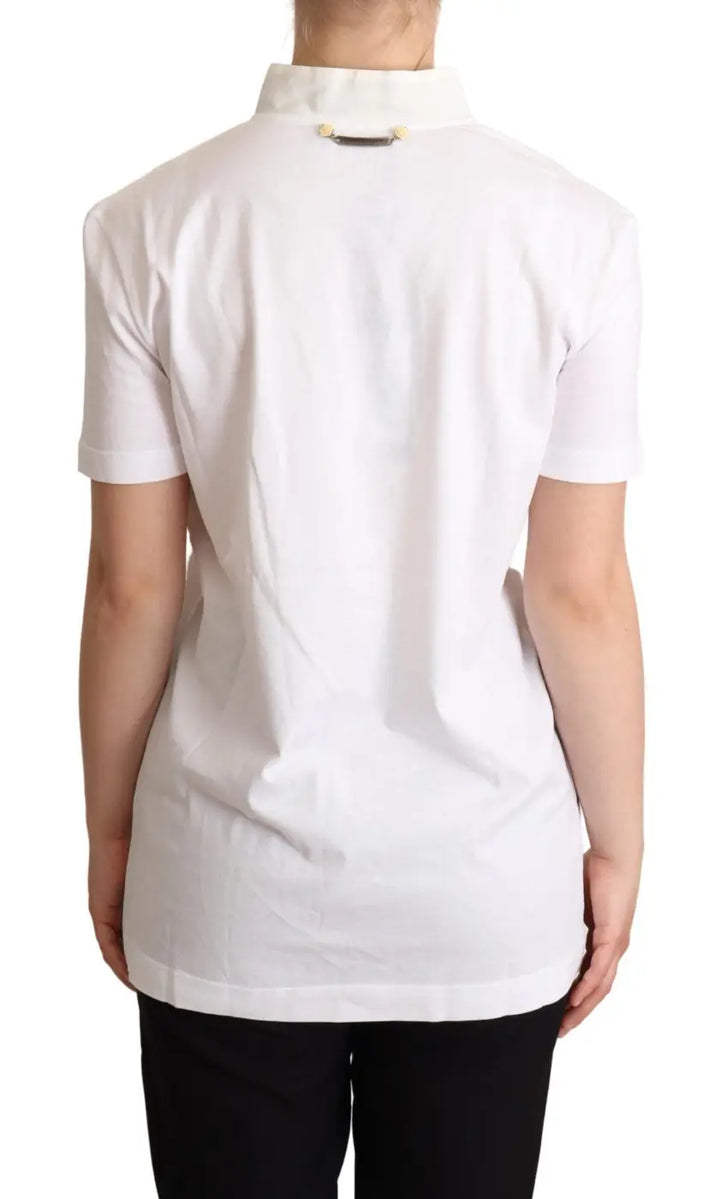Dolce &amp; Gabbana White Cotton Silk Blend Ascot Collar T-shirt