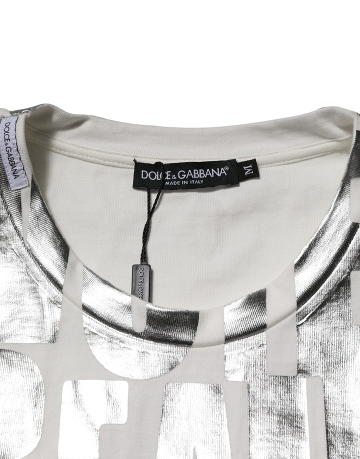 Dolce &amp; Gabbana White Cotton Silver Metallic Slogan Print T-shirt