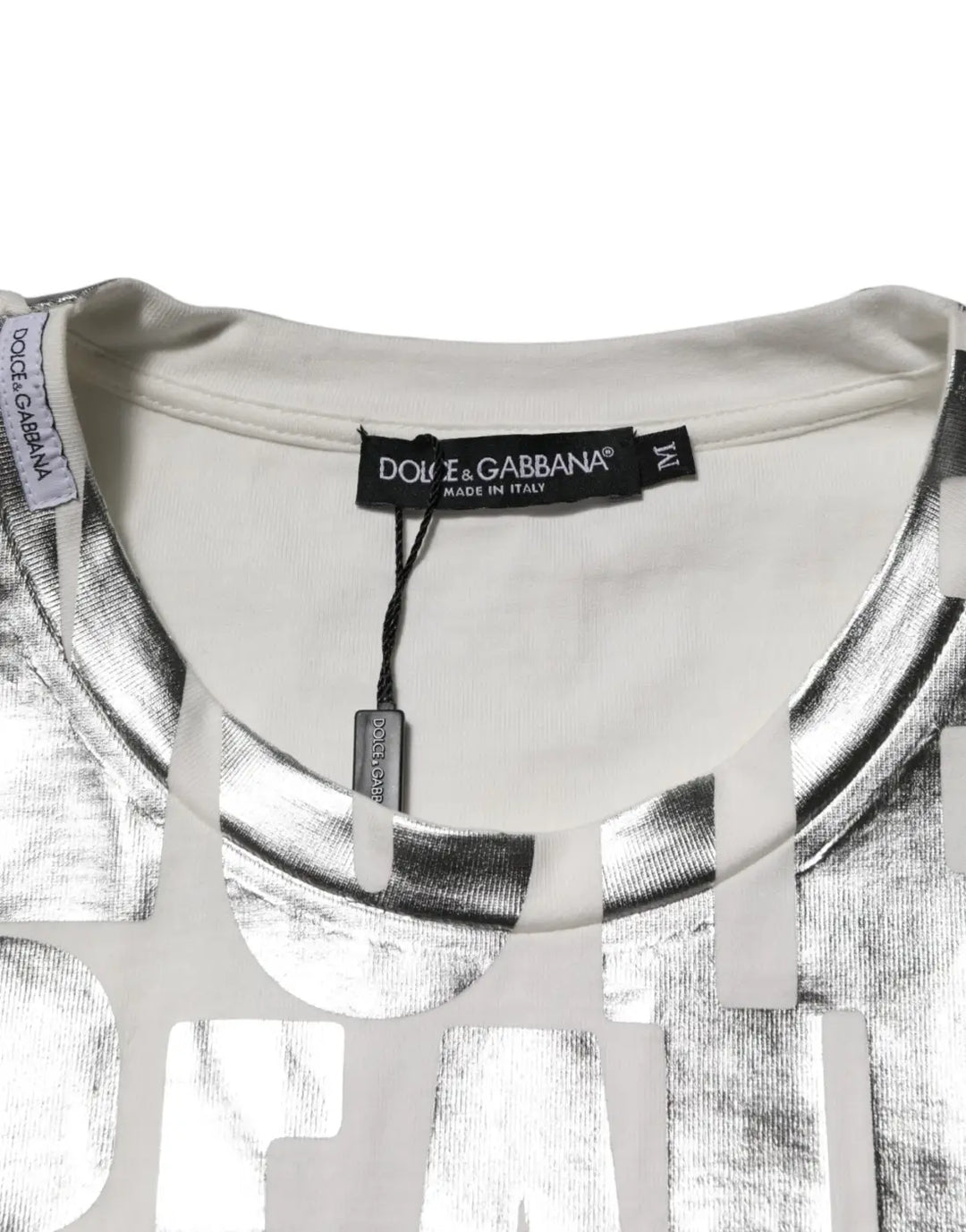 Dolce &amp; Gabbana White Cotton Silver Metallic Slogan Print T-shirt