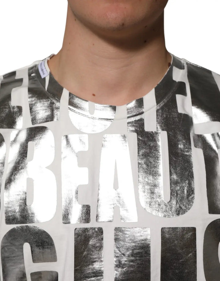 Dolce &amp; Gabbana White Cotton Silver Metallic Slogan Print T-shirt