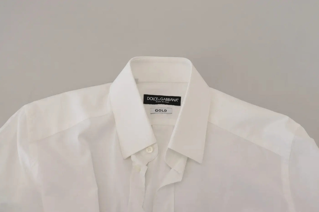 Dolce &amp; Gabbana White Cotton Slim Fit Formal Dress GOLD Shirt