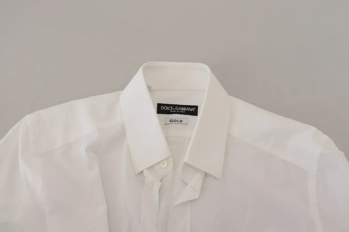 Dolce &amp; Gabbana White Cotton Slim Fit Formal Dress GOLD Shirt