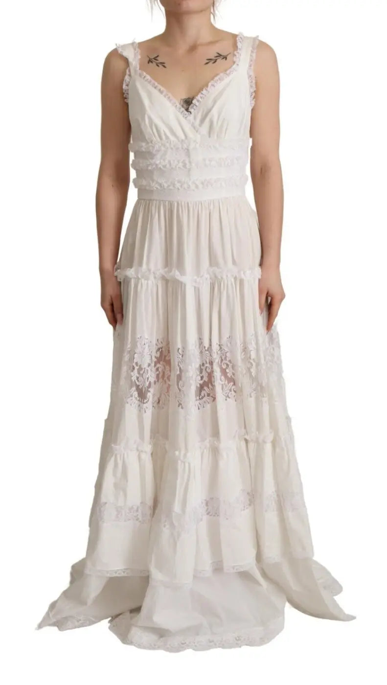 Dolce &amp; Gabbana White Cotton Tiered Long Maxi A-line Dress