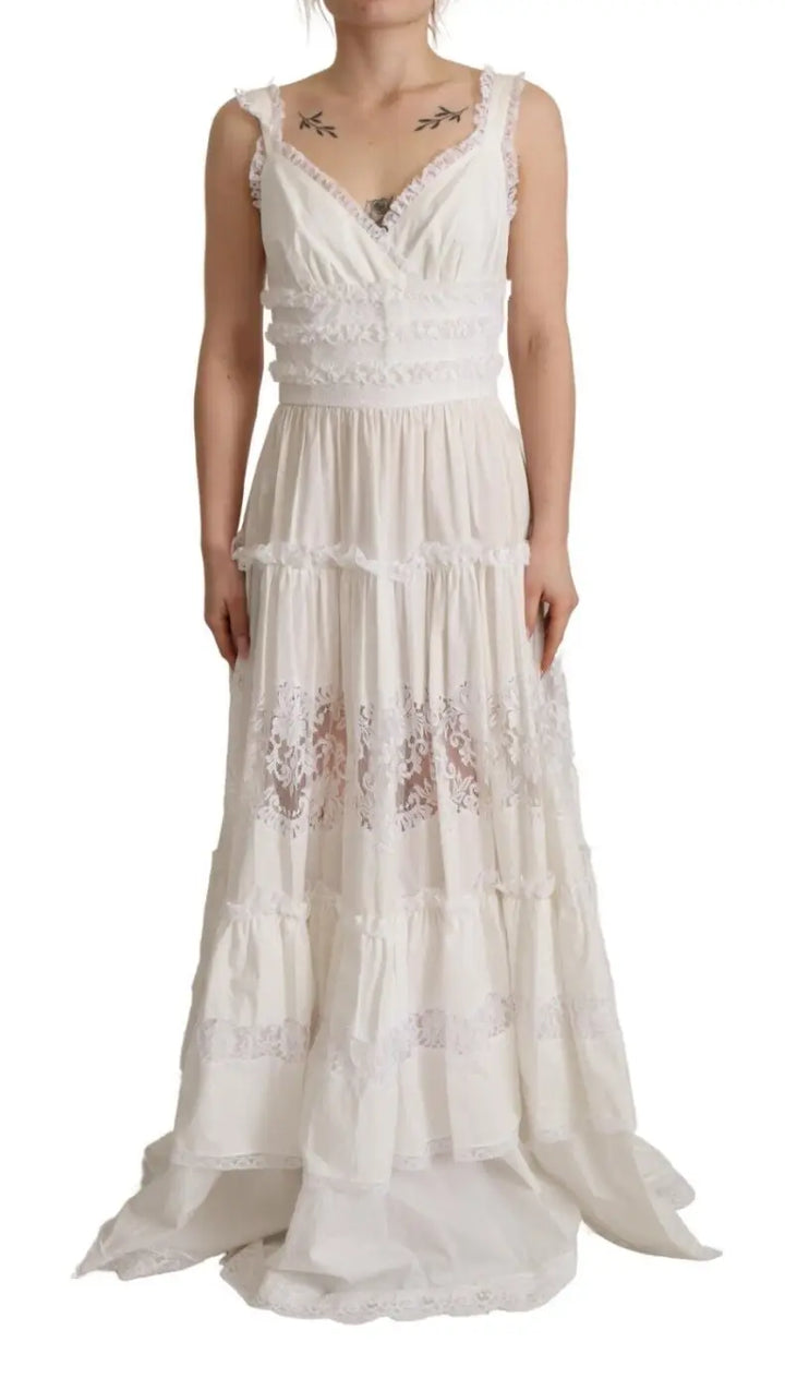 Dolce &amp; Gabbana White Cotton Tiered Long Maxi A-line Dress