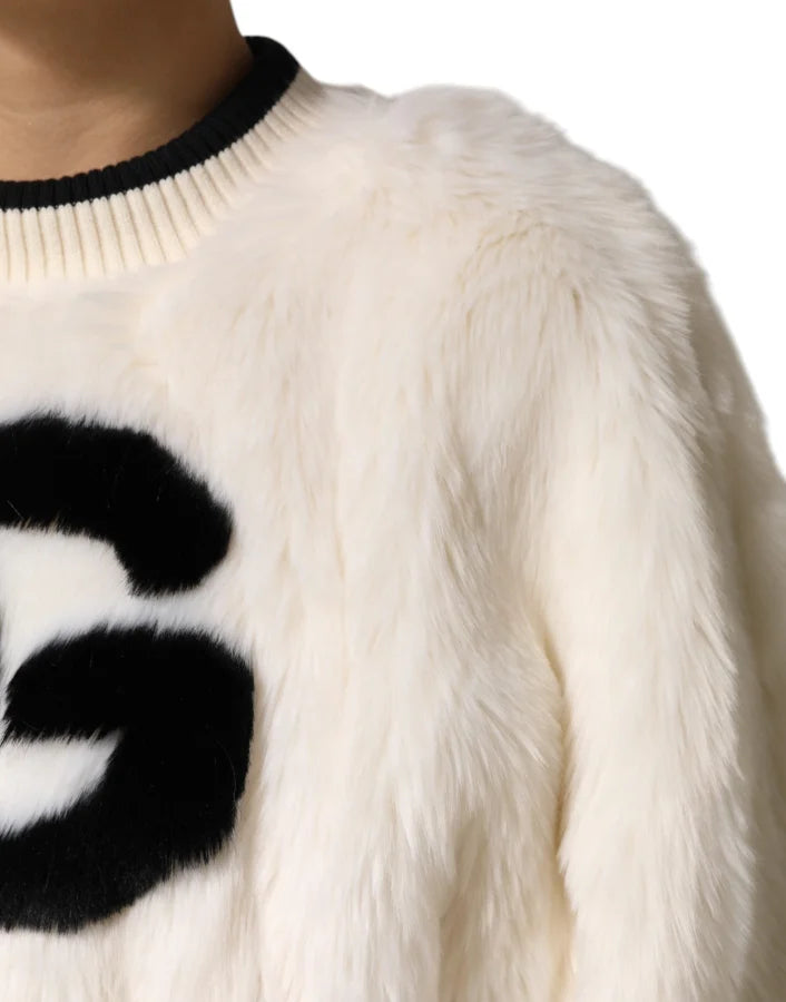 Dolce &amp; Gabbana White Cropped Faux Fur DG Sweatshirt Sweater