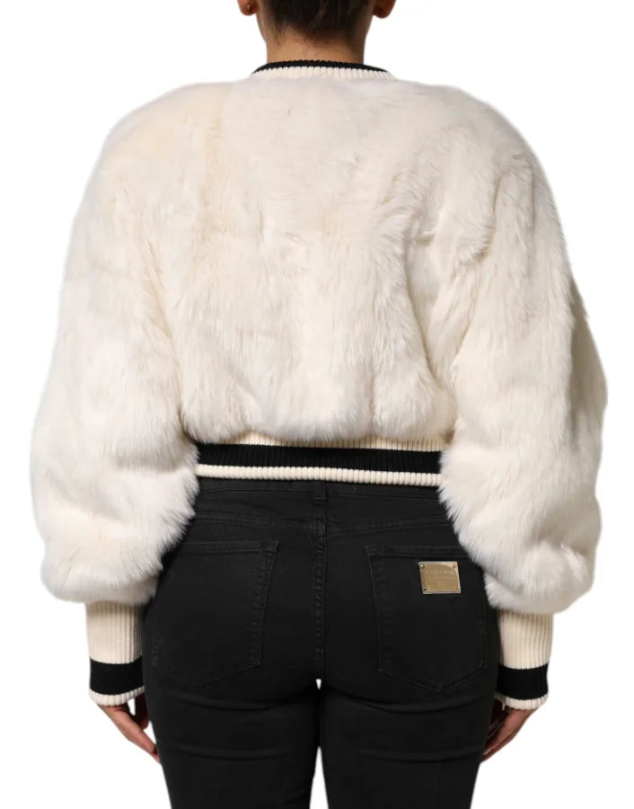 Dolce &amp; Gabbana White Cropped Faux Fur DG Sweatshirt Sweater