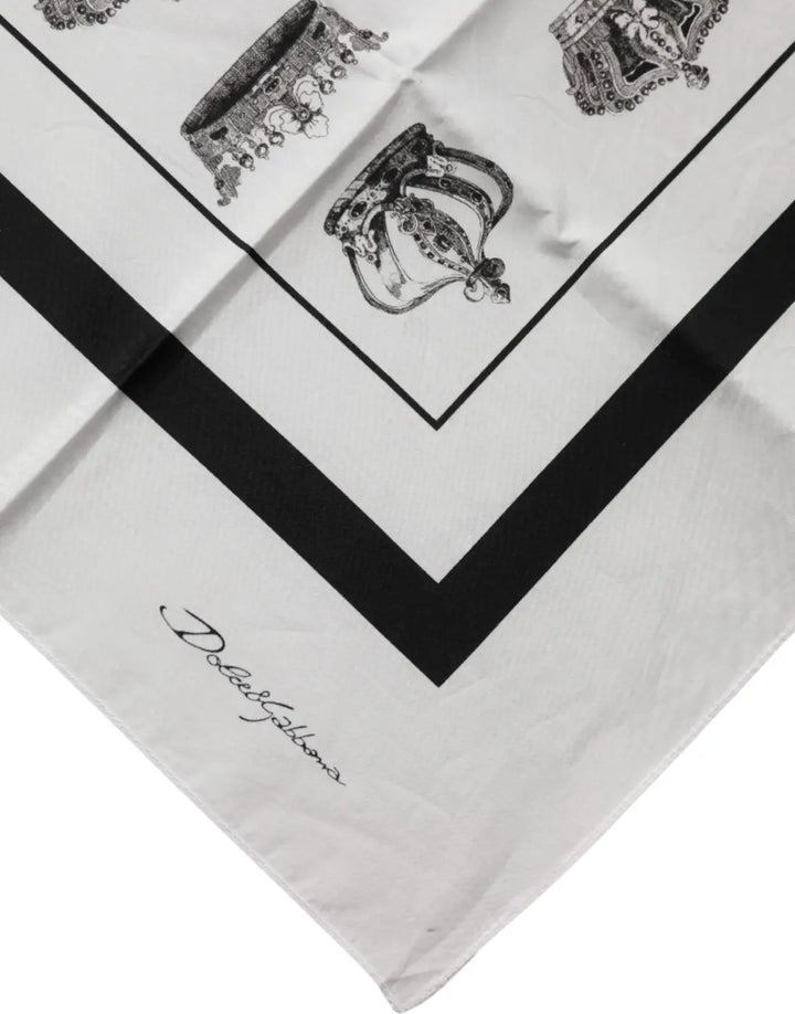 Dolce &amp; Gabbana White Crown Cotton Square Foulard Scarf