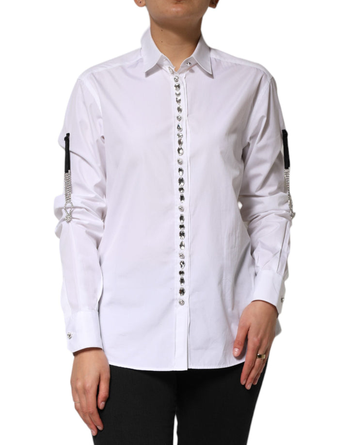 Dolce &amp; Gabbana Shirts - White Crystal Embellished Collared Shirt Top