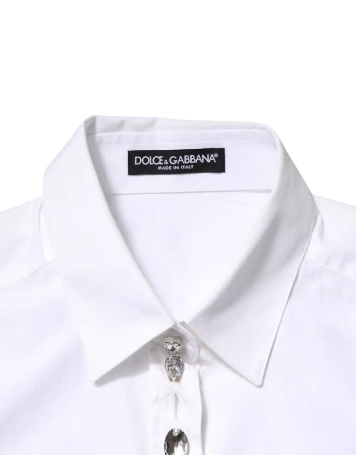 Dolce &amp; Gabbana White Crystal Embellished Collared Shirt Top
