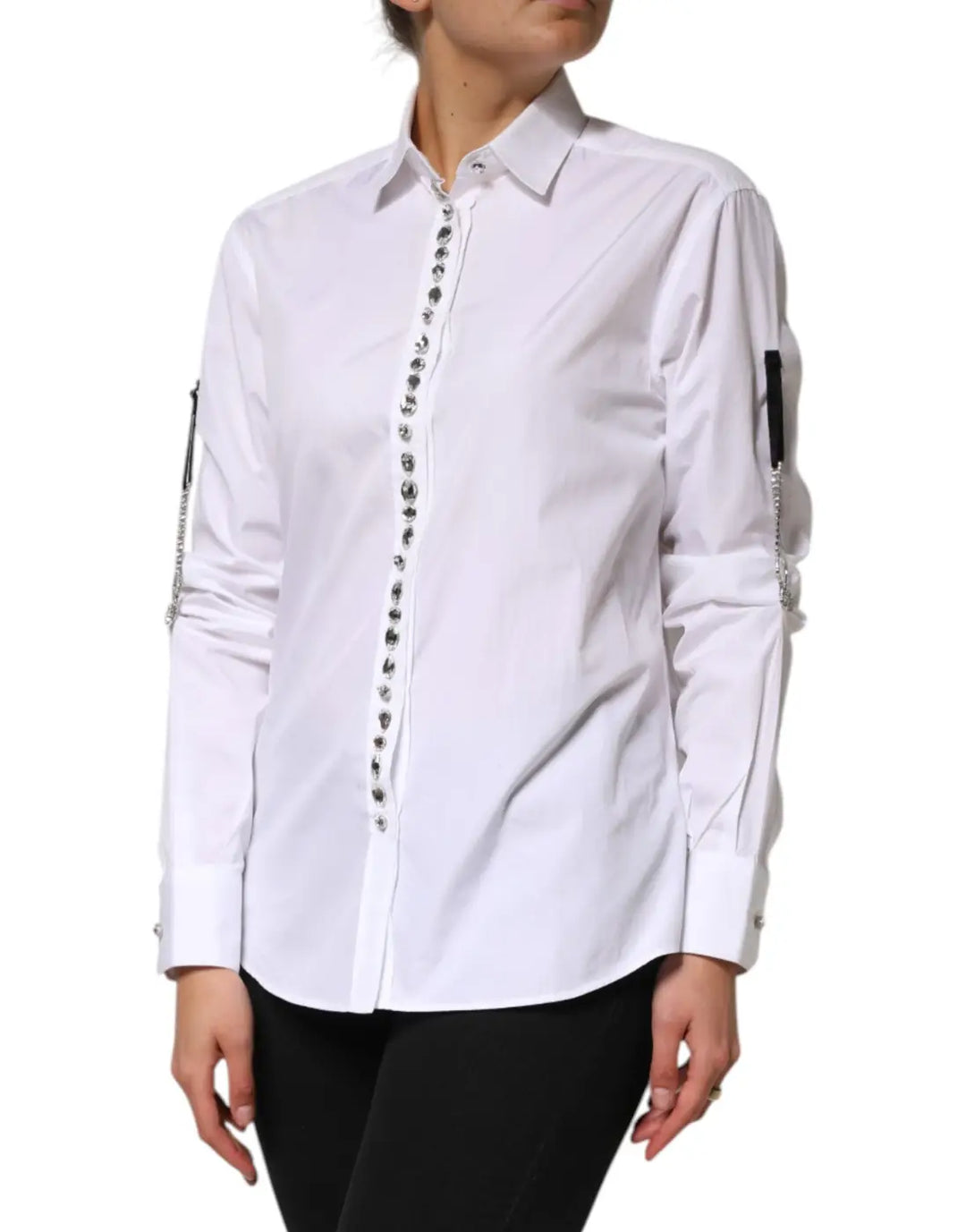 Dolce &amp; Gabbana White Crystal Embellished Collared Shirt Top