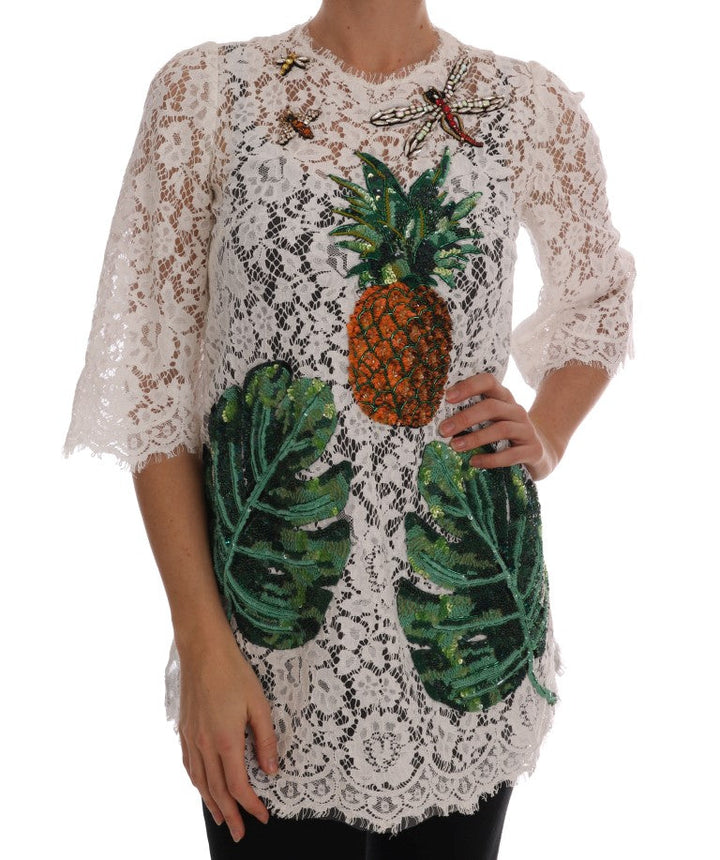 Dolce &amp; Gabbana - White Crystal Embellished Lace Blouse