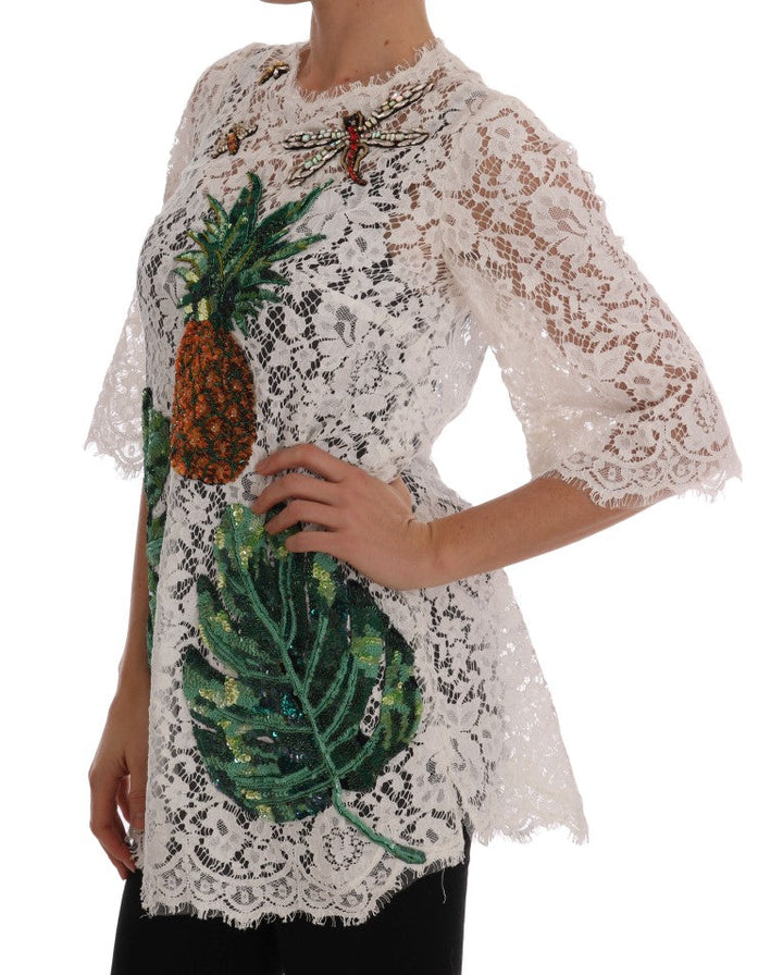 Dolce &amp; Gabbana - White Crystal Embellished Lace Blouse