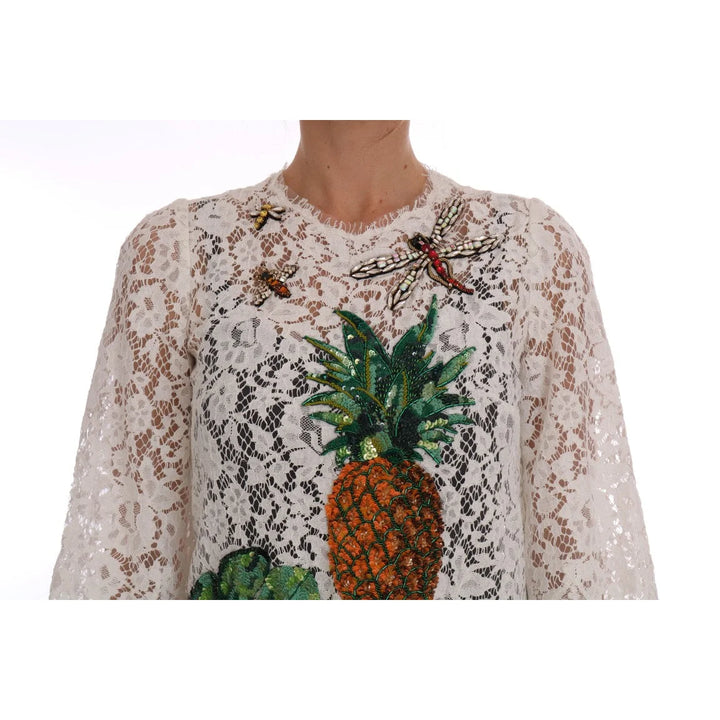 Dolce & Gabbana White Crystal Embellished Lace Blouse