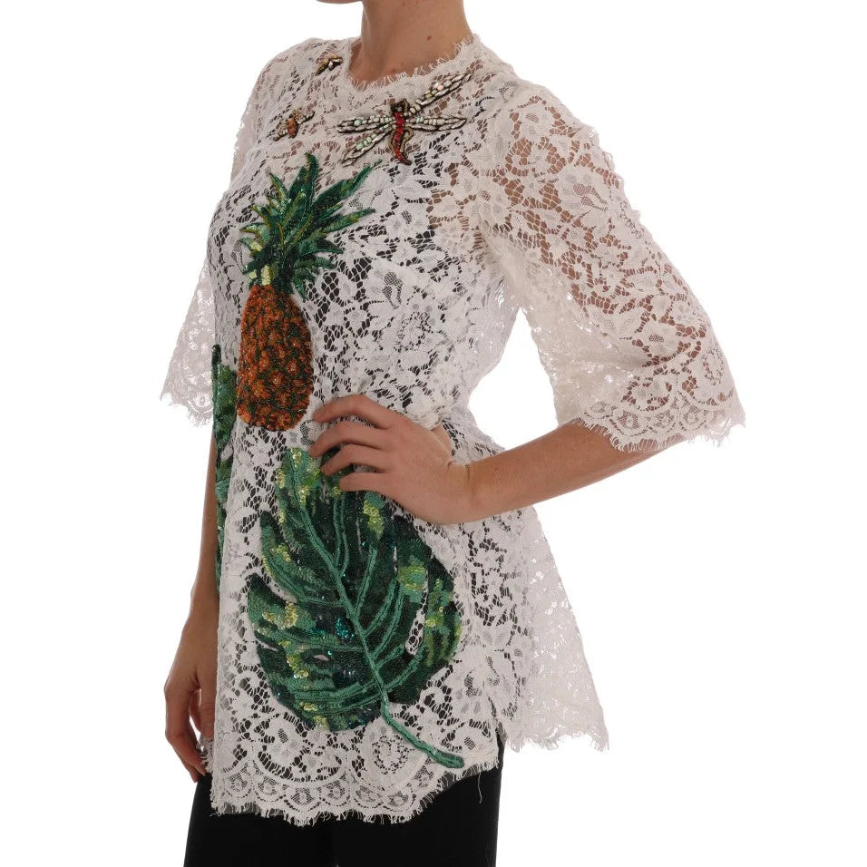 Dolce & Gabbana White Crystal Embellished Lace Blouse