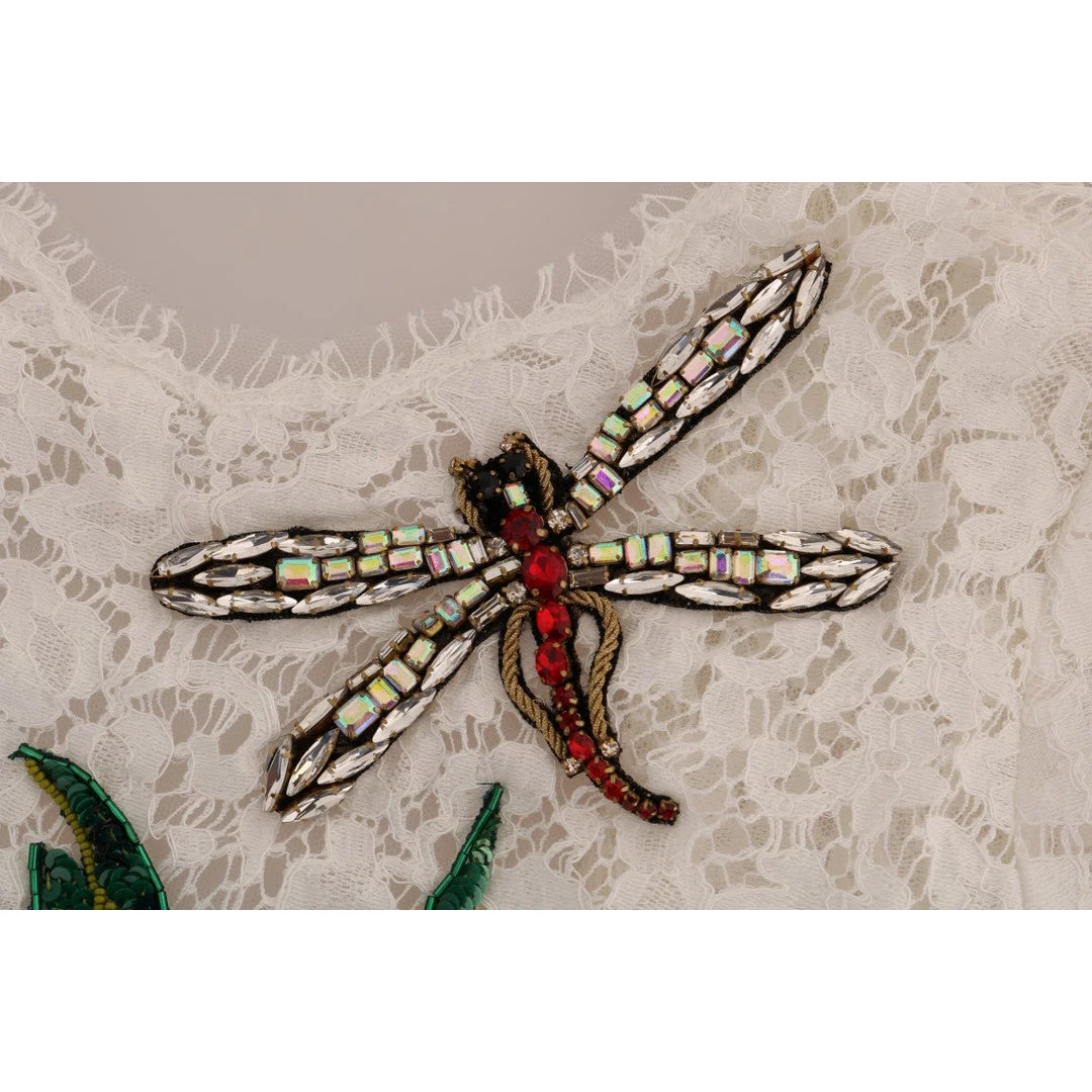 Dolce & Gabbana White Crystal Embellished Lace Blouse