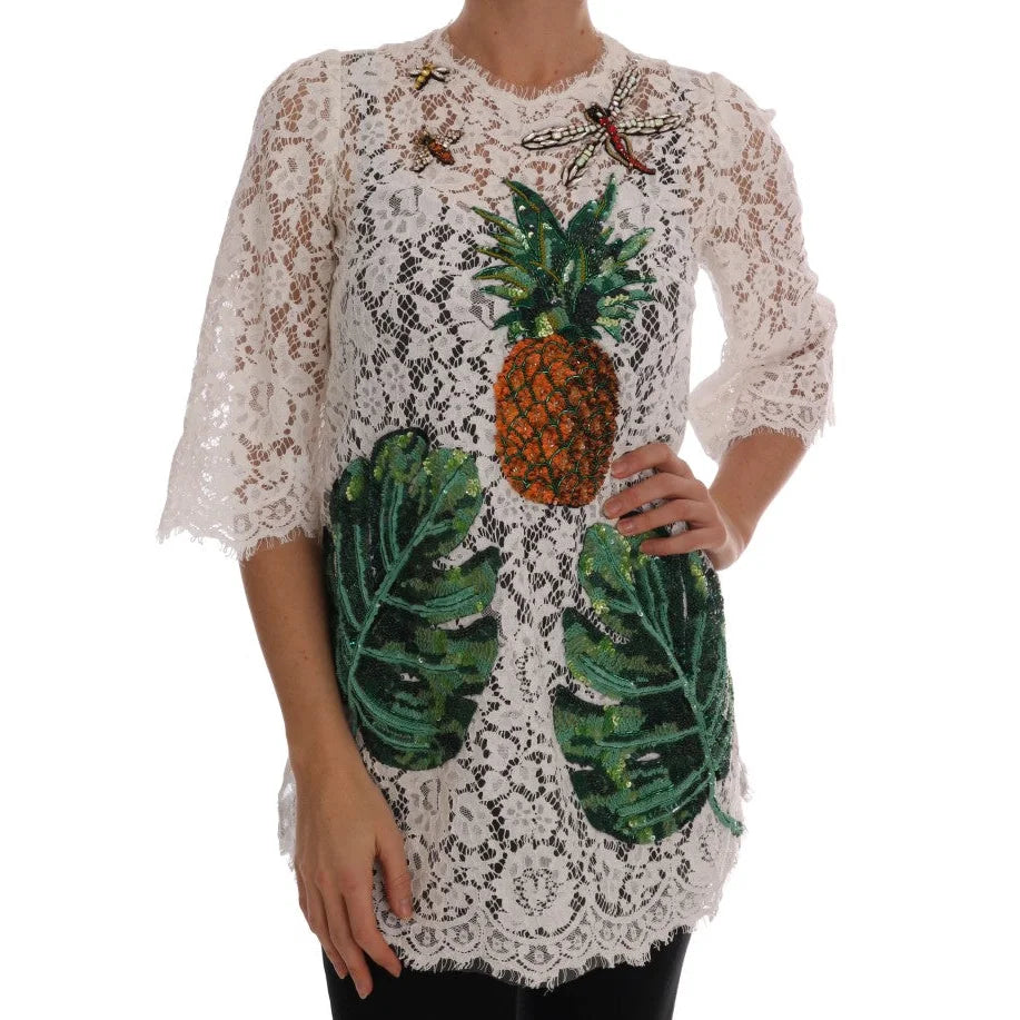 Dolce & Gabbana White Crystal Embellished Lace Blouse