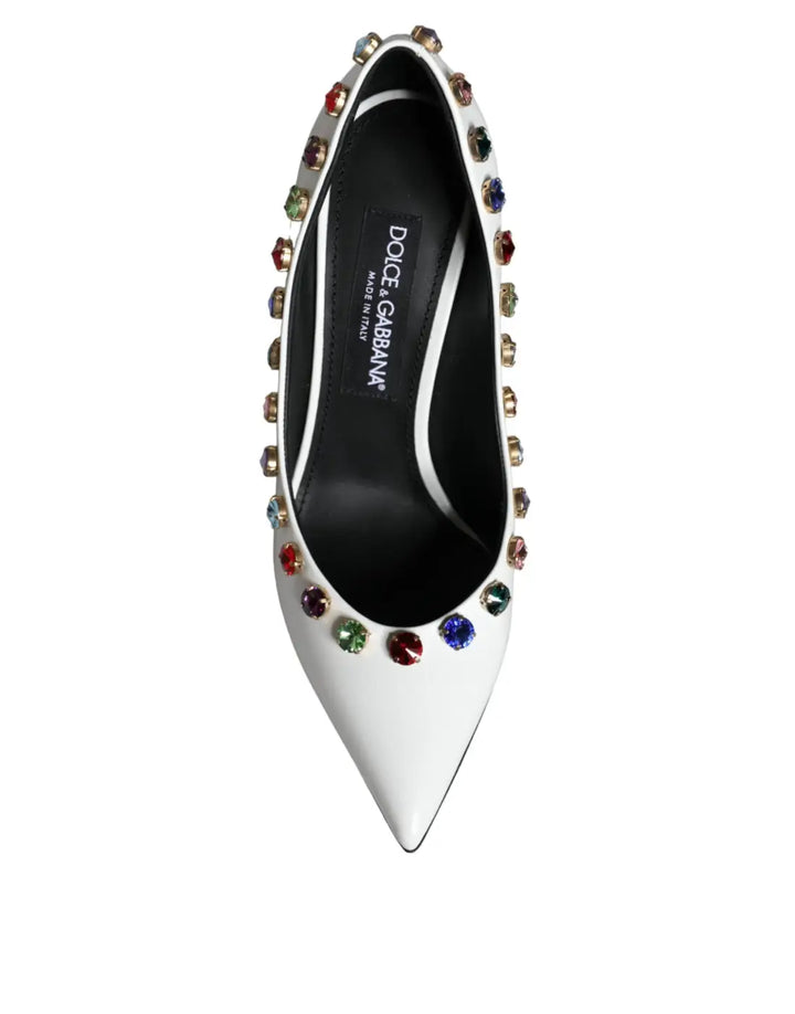 Dolce &amp; Gabbana White Crystal Leather High Heels Pumps Shoes