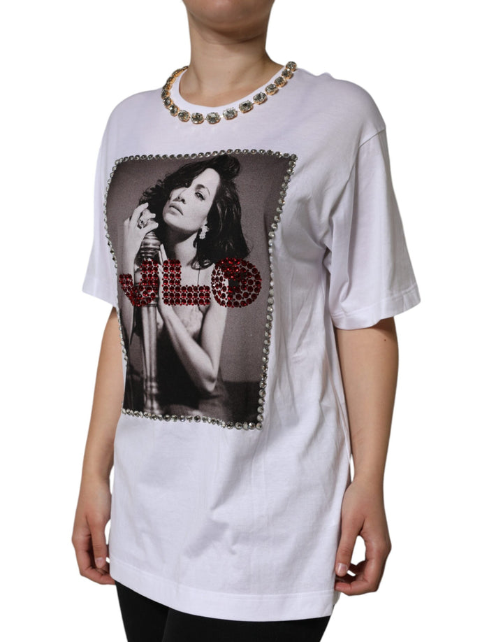 Dolce &amp; Gabbana T-Shirts - White Crystal Neckline Embellished Printed T-shirt