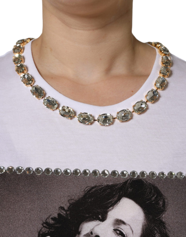 Dolce &amp; Gabbana T-Shirts - White Crystal Neckline Embellished Printed T-shirt
